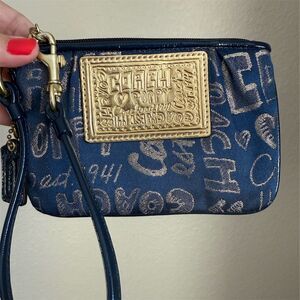 Coach Poppy Blue Leather Wristlet Wallet Pouch Women's One Size